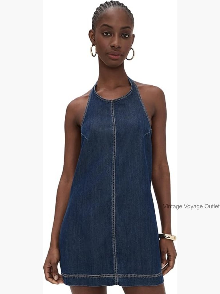 Mini Denim Halter Shift Dress Sleeveless Tie Side Hidden Zip Lightweight